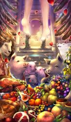 1girl animal apple architecture barefoot bread chalice circe_(fate) cloud commentary cup drink fate/grand_order fate_(series) feathers feet_only food food_request fruit fruit_request grapes light_particles lion meat official_art outdoors pear petals pig pomegranate sakumamitsuro scenery sky third-party_source toes wolf