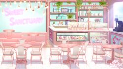 Rule 34 | absurdres, cash register, chair, commission, display case, food, highres, ice cream, indie virtual youtuber, indoors, murmoruno, no humans, plant, potted plant, restaurant, scenery, shelf, table, virtual youtuber, window