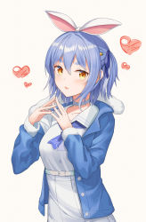 Rule 34 | 1girl, absurdres, alternate hairstyle, animal ears, blue choker, blue hair, blue jacket, carrot hair ornament, choker, food-themed hair ornament, hair ornament, hair ribbon, heart, highres, hololive, jacket, looking at viewer, rabbit ears, ribbon, shirt, simple background, standing, thick eyebrows, two side up, usada pekora, usada pekora (casual), virtual youtuber, white background, white shirt, yellow eyes, yt9676