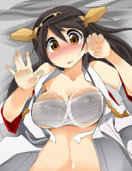 Rule 34 | 10s, 1girl, against glass, aki (akikaze asparagus), bare shoulders, blush, breast press, breasts, brown eyes, brown hair, budget sarashi, covered erect nipples, glass wall, hairband, haruna (kancolle), kantai collection, large breasts, long hair, looking at viewer, lying, midriff, navel, nose blush, on back, open clothes, open mouth, open robe, personification, robe, sarashi, solo, torn clothes, underboob