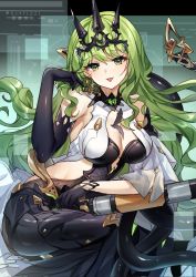 Rule 34 | asymmetrical gloves, breasts, gloves, green eyes, green hair, guzangnanfeng, highres, honkai (series), honkai impact 3rd, large breasts, long hair, looking at viewer, mismatched gloves, mobius (honkai impact), single sleeve, tongue, tongue out, twitter username