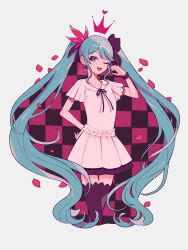 Rule 34 | 1girl, aqua eyes, aqua hair, black ribbon, black skirt, black thighhighs, bracelet, checkered background, commentary, crown, dress, feather hair ornament, feathers, flower, flower on head, hair ornament, hair ribbon, hand on own hip, hatsune miku, heart, highres, jewelry, kisaragi yuu (fallen sky), long hair, open mouth, petals, project diva (series), red feathers, ribbon, signature, skirt, supreme (module), thighhighs, twintails, very long hair, vocaloid, white dress, world is mine (vocaloid)