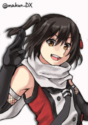 Rule 34 | 1girl, black gloves, black hair, black neckerchief, brown eyes, buttons, double-breasted, elbow gloves, fingerless gloves, gloves, kantai collection, looking at viewer, maakun (makun dx), neckerchief, one-hour drawing challenge, sailor collar, scarf, school uniform, sendai (kancolle), sendai kai ni (kancolle), serafuku, simple background, solo, twitter username, two side up, upper body, white background, white sailor collar, white scarf