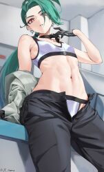 Rule 34 | 1girl, abs, ahoge, bare shoulders, black gloves, black pants, bra, breasts, bright pupils, choker, cowboy shot, creatures (company), earrings, game freak, gloves, green hair, highres, indoors, jewelry, jtveemo, long hair, looking at viewer, looking down, midriff, navel, nintendo, off shoulder, open clothes, open pants, panties, pants, parted lips, pokemon, pokemon sv, ponytail, red eyes, rika (pokemon), shirt, small breasts, smile, solo, sports bra, stomach, toned, underwear, undressing, unworn clothes, white pupils