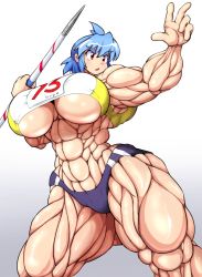 Rule 34 | 1girl, abs, breasts, extreme muscles, female focus, huge breasts, impossible clothes, mocoack, muscular, original, simple background, solo