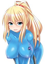 Rule 34 | 1girl, blonde hair, blue eyes, bodysuit, breasts, covered erect nipples, highres, huge breasts, impossible clothes, konno tohiro, leaning forward, long hair, looking at viewer, metroid, naughty face, nintendo, ponytail, samus aran, simple background, skin tight, smile, solo, white background, zero suit