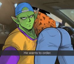 Rule 34 | 2boys, ass, backwards hat, baseball cap, black hair, blue pants, car interior, closed mouth, colored skin, dragon ball, dragonball z, drive-thru, english text, expressionless, green skin, hat, he wants to order (meme), highres, looking at viewer, loulouscribbles, lying on person, male focus, meme, multiple boys, namekian, orange shirt, pants, piccolo, pointy ears, selfie, shirt, short hair, snapchat, son goku, yaoi