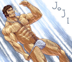 Rule 34 | 1boy, abs, bara, bulge, character request, copyright request, crotch, male focus, muscular, pectorals, topless male, smile, solo, teeth, underwear, yura a ka
