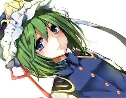 Rule 34 | 1girl, bad id, bad twitter id, blue eyes, closed mouth, dutch angle, expressionless, green hair, hair between eyes, hat, karasusou nano, long hair, looking at viewer, shiki eiki, short hair, simple background, solo, touhou, white background