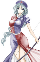 Rule 34 | 1girl, aqua hair, arched back, bow (weapon), braid, breasts, dress, expressionless, grey eyes, hand on own hip, hat, kz nagomiya, large breasts, long hair, looking at viewer, nurse cap, puffy short sleeves, puffy sleeves, short sleeves, simple background, single braid, solo, touhou, very long hair, weapon, white background, yagokoro eirin