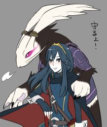 Rule 34 | alternate form, animal ears, animal hands, blue hair, cape, fire emblem, fire emblem awakening, glowing, glowing eyes, hand on another&#039;s shoulder, looking at viewer, loosely-common, lucina (fire emblem), monster boy, nintendo, pink eyes, rabbit ears, smile, tiara, whiskers, yarne (fire emblem)
