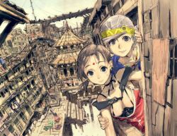 Rule 34 | 2girls, blue eyes, breasts, brown hair, city, cityscape, fantasy, headband, humi, multiple girls, outdoors, road, scenery, stairs, street, summer, toi8