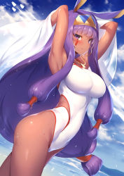 Rule 34 | 1girl, animal ears, armpits, arms up, beach, blue sky, blush, breasts, contrapposto, covered navel, cowboy shot, dark-skinned female, dark skin, day, dutch angle, earrings, facial mark, fate/grand order, fate (series), hairband, highres, hoop earrings, impossible clothes, impossible swimsuit, jewelry, large breasts, long hair, looking at viewer, low-tied long hair, m-da s-tarou, medjed (fate), necklace, nitocris (fate), nitocris (fate/grand order), nitocris (swimsuit assassin) (fate), nitocris (swimsuit assassin) (second ascension) (fate), non-web source, one-piece swimsuit, outdoors, purple eyes, purple hair, sidelocks, sky, smile, solo, standing, sweat, swimsuit, very long hair, white one-piece swimsuit