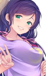 Rule 34 | 1girl, breasts, collarbone, green eyes, grin, hair ribbon, hair tie, head tilt, highres, kate iwana, long hair, looking at viewer, love live!, love live! school idol festival, love live! school idol project, low twintails, medium breasts, purple hair, purple shirt, ribbon, shirt, smile, solo, sweat, sweatdrop, tojo nozomi, twintails, upper body, v