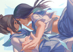 Rule 34 | 2girls, black hair, blue eyes, blue neckerchief, blue sailor collar, blue skirt, commentary request, crop top, day, eye contact, face-to-face, finger to another&#039;s mouth, fingernails, from side, hibike! euphonium, holding hands, kasaki nozomi, long hair, looking at another, midriff, multiple girls, neckerchief, pleated skirt, profile, rotix, sailor collar, shirt, short hair, skirt, sunlight, white shirt, yellow eyes, yoroizuka mizore, yuri