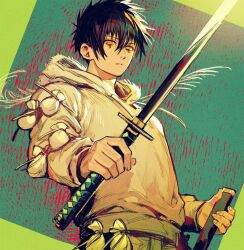 Rule 34 | 1boy, black hair, blue background, closed mouth, dokuga, dorohedoro, expressionless, eye tattoo, green background, highres, holding, holding sword, holding weapon, hood, hoodie, katana, looking at viewer, male focus, multicolored background, panco, short hair, solo, sword, upper body, weapon, white hoodie