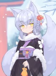 Rule 34 | 1girl, animal ear fluff, animal ears, black kimono, blurry, blurry background, closed mouth, commentary, dot mouth, english commentary, flower, fox ears, fox girl, fox tail, fur collar, hair between eyes, hair flower, hair ornament, hair up, highres, japanese clothes, kimono, klaius, large tail, looking at viewer, obi, original, sash, silver hair, snowing, solo, tail, torii, wide sleeves, yellow eyes