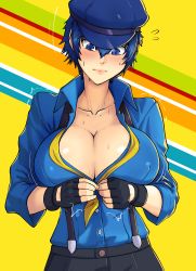 Rule 34 | 1girl, blue eyes, blue hair, blue hat, blue shirt, blush, breasts, cabbie hat, cleavage, fingerless gloves, gloves, hat, highres, kawa-v, large breasts, necktie, official alternate costume, persona, persona 4, persona 4: dancing all night, persona dancing, shiny skin, shirogane naoto, shirt, short hair, solo, suspenders, yellow necktie