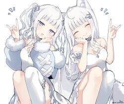 Rule 34 | 2girls, :o, absurdres, animal ear fluff, animal ears, bare shoulders, blunt bangs, braid, breasts, cleavage, closed eyes, closed mouth, commentary request, dress, fox shadow puppet, fur-trimmed sleeves, fur trim, grey hair, hair ornament, hands up, highres, knees up, long hair, long sleeves, medium breasts, mole, mole on breast, multiple girls, notice lines, open mouth, original, puffy long sleeves, puffy sleeves, purple eyes, signature, simple background, single thighhigh, sleeveless, sleeveless dress, smile, sofra, tail, teeth, thighhighs, twitter username, upper teeth only, very long hair, white background, white dress, white thighhighs