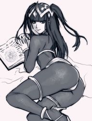 Rule 34 | 1girl, anklet, ass, blunt bangs, book, cosplay, female focus, fingernails, fire emblem, from behind, greyscale, head rest, high heels, highres, jewelry, long fingernails, long hair, looking at viewer, looking back, lying, monochrome, nail polish, nintendo, robaato, sketch, solo, stiletto heels, tharja (fire emblem), thighlet, two side up, unfinished