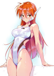 Rule 34 | 1girl, android, breasts, commentary request, commission, competition swimsuit, covered navel, cowboy shot, highres, long hair, matsuda (matsukichi), medium breasts, one-piece swimsuit, orange eyes, orange hair, pixiv commission, robot ears, serio (to heart), simple background, solo, swimsuit, to heart, to heart (series), tsurime, wet, wet clothes, wet swimsuit, white background, white one-piece swimsuit