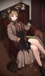 Rule 34 | 1girl, bag, black gloves, black shirt, book, brass knuckles, brown necktie, bullpup, camera, citrus7763, coat, couch, double bun, earrings, girls&#039; frontline, gloves, grey coat, gun, hair bun, handbag, highres, holding, holding gun, holding weapon, jewelry, light brown hair, looking at viewer, necktie, on couch, open clothes, open coat, p90, p90 (girls&#039; frontline), paper, pen, personal defense weapon, red eyes, reflex sight, shell casing, shirt, short hair, sitting, smile, solo, submachine gun, sunglasses, weapon, wooden floor