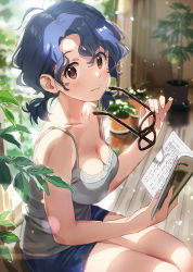 Rule 34 | 1girl, bare shoulders, black-framed eyewear, blush, book, breasts, camisole, cleavage, closed mouth, collarbone, day, denim, denim shorts, unworn eyewear, from side, highres, holding, holding book, holding removed eyewear, idolmaster, indoors, leaf, lens flare, light rays, looking at viewer, looking to the side, low ponytail, medium breasts, nail polish, open book, pink nails, plant, potted plant, short hair, short shorts, shorts, sitting, sleeveless, smile, solo, sonsoso, spaghetti strap, sunbeam, sunlight, thighs, toyokawa fuka, wooden floor