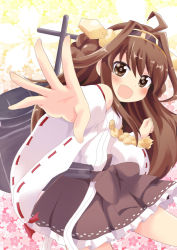 Rule 34 | &gt;:d, 10s, 1girl, :d, ahoge, bad id, bad pixiv id, bare shoulders, blush, brown hair, detached sleeves, double bun, frilled skirt, frills, hair ornament, hairband, japanese clothes, kantai collection, kongou (kancolle), long hair, massala, open mouth, personification, ribbon-trimmed sleeves, ribbon trim, skirt, smile, solo, thighhighs, v-shaped eyebrows