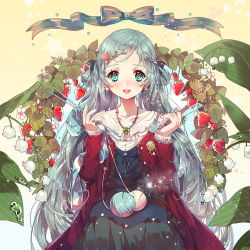 Rule 34 | 1girl, aqua eyes, bad id, bad pixiv id, boxcutter, braid, food, fruit, hatsune miku, holding boxcutter, jewelry, long hair, looking at viewer, miemia, necklace, open mouth, sitting, solo, strawberry, very long hair, vocaloid, water drop, yarn, yarn ball