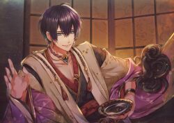 Rule 34 | 1boy, ahoge, black hair, clothing request, grey eyes, holding, holding plate, inui (yume-100), jewelry, long sleeves, looking at viewer, male focus, necklace, plate, plums43, robe, short hair, solo, yume oukoku to nemureru 100-nin no ouji-sama