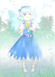 Rule 34 | 1girl, absurdres, blue bow, blue eyes, blue hair, blue skirt, blue vest, bow, cirno, closed mouth, collared shirt, commentary request, day, diao ye zong, dissolving, expressionless, eyelashes, flower, fog, frilled skirt, frilled sleeves, frills, full body, grass, hair bow, highres, holding, holding flower, ice, ice wings, kanonari, light particles, long skirt, marigold, necktie, outdoors, petals, puffy short sleeves, puffy sleeves, red necktie, shirt, short hair, short ponytail, short sleeves, skirt, skirt set, sky, socks, solo, standing, straight-on, touhou, tree, vest, waist bow, white bow, white shirt, white sky, white socks, wings, yellow flower