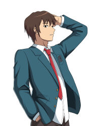 Rule 34 | 1boy, absurdres, blazer, breast pocket, brown eyes, brown hair, brown pants, collared shirt, commentary request, green jacket, hand in pocket, hand on own head, highres, jacket, kita high school uniform, kyon, long sleeves, looking at viewer, male focus, necktie, open clothes, open jacket, pants, pocket, red necktie, school uniform, shirt, short hair, solo, suzumiya haruhi no yuuutsu, untucked shirt, upper body, white shirt, winter uniform, yazawaayu