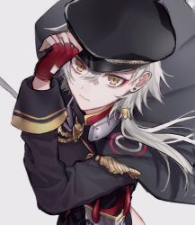 Rule 34 | 1girl, azur lane, bad id, bad pixiv id, black cape, cape, closed mouth, crossed bangs, dutch angle, earrings, epaulettes, fingerless gloves, from above, gloves, grey background, grey hair, hair between eyes, hat, jewelry, kinu (azur lane), looking at viewer, low ponytail, medium hair, military, military hat, military uniform, peaked cap, red gloves, solo, uniform, wawawatasi, yellow eyes