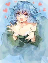 Rule 34 | 1girl, :d, bad id, bad pixiv id, blue eyes, blue hair, blush, breasts, cleavage, fins, head fins, heart, heart-shaped pupils, highres, japanese clothes, kimono, large breasts, long sleeves, mermaid, monster girl, off shoulder, open mouth, partially submerged, ringlets, smile, solo, suminagashi, symbol-shaped pupils, touhou, wakasagihime, wide sleeves