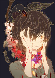 Rule 34 | 1girl, androgynous, animal, beak, bird, black background, black hair, blood, coin, crow, dhiea, dripping, english text, feathers, flower, hair over one eye, hands on own face, looking at viewer, mouth hold, original, outline, short hair, simple background, yellow eyes