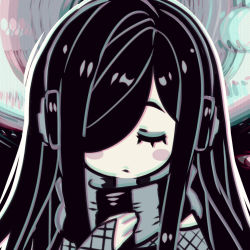 Rule 34 | 1girl, amissio, aria wintermint, black hair, blush stickers, chromatic aberration, closed eyes, closed mouth, expressionless, eyebrows, facing viewer, hair over one eye, headphones, limited palette, long hair, multicolored clothes, multicolored scarf, parororo, scarf, sidelocks, solo, striped clothes, striped scarf, the crawling city, upper body