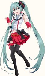 Rule 34 | 1girl, :d, absurdly long hair, alternate costume, black bow, black thighhighs, blouse, bokura wa ima no naka de, bow, cosplay, earrings, fingerless gloves, frilled thighhighs, frills, full body, gloves, green eyes, green hair, hair between eyes, hair bow, hatsune miku, jewelry, long hair, love live!, love live! school idol project, midriff, navel, open mouth, red gloves, red skirt, shirt, simple background, skirt, sleeveless, sleeveless shirt, smile, solo, stomach, thighhighs, twintails, very long hair, vocaloid, white background, white shirt, zettai ryouiki