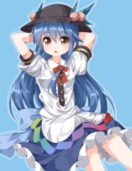 Rule 34 | 1girl, apron, bad id, bad twitter id, black hat, blouse, blue background, blue bow, blue dress, blue hair, bow, bowtie, brown eyes, dress, dress shirt, food, frills, fruit, hat, hinanawi tenshi, long hair, neck ribbon, peach, puffy short sleeves, puffy sleeves, rainbow gradient, rainbow order, red bow, ribbon, ruu (tksymkw), shirt, short sleeves, simple background, solo, touhou, white shirt, wing collar