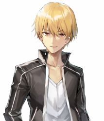 Rule 34 | 1boy, black jacket, blonde hair, collarbone, dress shirt, fate/stay night, fate (series), gilgamesh (fate), hair between eyes, jacket, looking at viewer, male focus, momoko (momopoco), official alternate costume, open clothes, open jacket, red eyes, shirt, smile, solo, upper body, white shirt