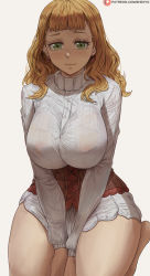 Rule 34 | 1girl, between legs, black clover, breasts, commentary, covered erect nipples, earrings, eyelashes, green eyes, grey background, hand between legs, highres, jewelry, kneeling, large breasts, legs together, light smile, long hair, long sleeves, looking at viewer, mimosa vermillion, orange hair, patreon logo, patreon username, shadow, shexyo, simple background, solo, thighs, turtleneck, watermark, web address