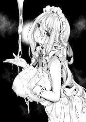 Rule 34 | 1girl, apron, breasts, brooch, cum, cum on body, cum on breasts, cum on upper body, detached collar, elf, greyscale, hair between eyes, highres, jewelry, large breasts, long hair, looking at viewer, maid, maid headdress, monochrome, naked apron, nipples, original, pointy ears, shibi, solo, wrist cuffs