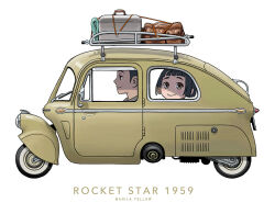 Rule 34 | 1boy, 1girl, black hair, blunt bangs, brown eyes, closed mouth, driving, english text, from side, looking at viewer, looking to the side, motor vehicle, murata range, original, profile, short hair, simple background, smile, suitcase, vehicle focus, very short hair, white background