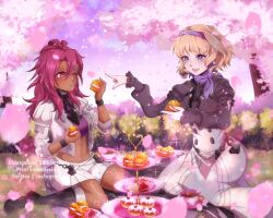 Rule 34 | 2girls, black footwear, blonde hair, blue eyes, blue hairband, boots, cherry blossoms, commentary, constance von nuvelle, crop top, cup, dark skin, fire emblem, fire emblem: three houses, food, grey shirt, hair between eyes, hairband, hand up, hapi (fire emblem), high-waist skirt, high heel boots, high heels, highres, holding, holding food, jacket, juliet sleeves, long hair, long sleeves, midriff, miniskirt, multiple girls, navel, nintendo, pastry, petals, puffy sleeves, purple eyes, purple hair, purple shirt, shirt, short hair, sitting, skirt, smkittykat, stomach, teacup, wariza, white jacket, white skirt