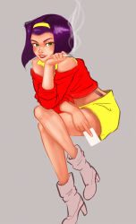 Rule 34 | 1990s (style), 1girl, ankle boots, bare shoulders, boots, card, head rest, cigarette, cowboy bebop, faye valentine, green eyes, hairband, high heel boots, high heels, kelly kao, crossed legs, lips, lipstick, makeup, playing card, purple hair, shorts, sitting, smoke, smoking, solo, yellow hairband