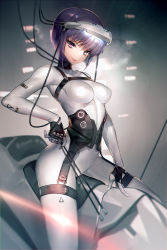 Rule 34 | 1girl, absurdres, arched back, belt, blurry, bodysuit, breasts, buckle, cable, closed mouth, clothes writing, corset, ghost in the shell, gloves, head-mounted display, highres, hitowa, kusanagi motoko, lips, looking at viewer, pulling, purple hair, ribs, riding, short hair, smile, solo, thigh strap, zipper