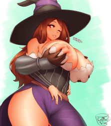 Rule 34 | 1girl, bare shoulders, grabbing another&#039;s breast, breasts, brown hair, coffeeslice, curvy, dragon&#039;s crown, fighter (dragon&#039;s crown), grabbing, highres, huge breasts, long hair, nipples, one eye closed, parted lips, red eyes, smile, solo, sorceress (dragon&#039;s crown), tagme, wide hips