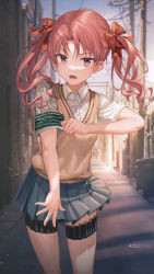 Rule 34 | 1girl, absurdres, armband, blouse, bow, breasts, brown eyes, brown hair, collared shirt, commentary request, day, green armband, hair bow, hair ornament, highres, huge filesize, judgment (toaru), long hair, looking at viewer, outdoors, parted bangs, pleated skirt, school uniform, serafuku, shirai kuroko, shirt, skindentation, skirt, solo, standing, sweater vest, thigh strap, thighs, toaru kagaku no railgun, toaru majutsu no index, tokiwadai school uniform, tokkyu, twintails, wavy hair, white shirt