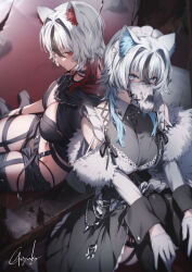 Rule 34 | 2girls, animal ear fluff, animal ears, black gloves, black shorts, blue eyes, breasts, character request, choker, cleavage, collar, copyright request, detached sleeves, dress, genyaky, gloves, highres, looking at viewer, mask, multicolored hair, multiple girls, red eyes, shorts, signature, sitting, tagme, white gloves, white hair