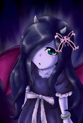 Rule 34 | 1girl, bat wings, black hair, blush, bracelet, collarbone, colored skin, dress, duel monster, expressionless, fabled krus, female focus, from above, green eyes, hair ornament, hair over one eye, horns, jewelry, lolita fashion, long hair, long image, looking at viewer, monster girl, open mouth, pataneet, puffy sleeves, purple skin, ribbon, short hair, solo, standing, tall image, wings, yu-gi-oh!, yu-gi-oh! duel monsters