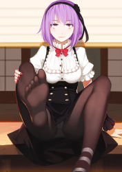 Rule 34 | 10s, 1girl, absurdres, alternate eye color, arm support, black flower, black pantyhose, black ribbon, black rose, black skirt, breasts, buttons, cameltoe, clothes lift, dagashi kashi, dress shirt, eyebrows, feet, flower, frilled shirt, frilled sleeves, frills, hair flower, hair ornament, hair ribbon, hairband, hand on leg, high-waist skirt, highres, leg up, lifted by self, looking at viewer, nail polish, nero (nilu), no shoes, panties, panties under pantyhose, pantyhose, pantyshot, purple hair, red eyes, red nails, ribbon, rose, shidare hotaru, shirt, shoes, short hair, short sleeves, shouji, single shoe, sitting, skirt, skirt lift, sliding doors, smile, soles, solo, striped clothes, striped pantyhose, suspender skirt, suspenders, toes, unbuttoned, underwear, upskirt, white panties, white shirt, wrist cuffs